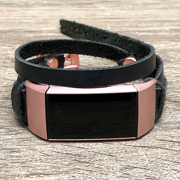 Black Double Wrap Rose Gold Charge 4 Leather Strap - Picture 1 of 8